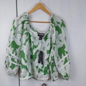 Tahari Green Floral Linen Boxy Cropped Women's Top Lagenlook Sz.XL